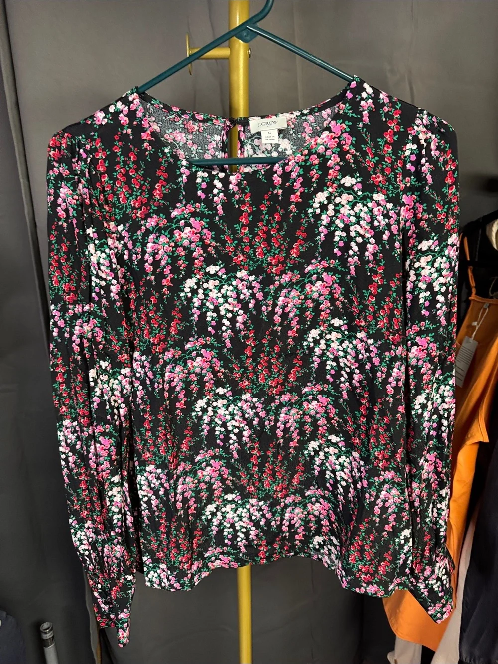 J. Crew Black Floral Long-Sleeve Blouse - Pink, White & Green Print